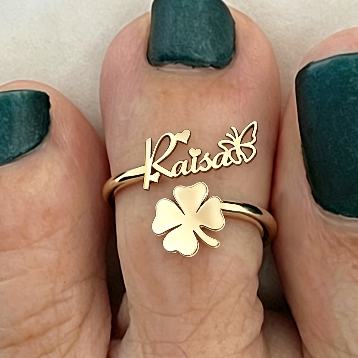 Women's Custom Name Butterfly Leaf Toe Ring, Elegant Gift