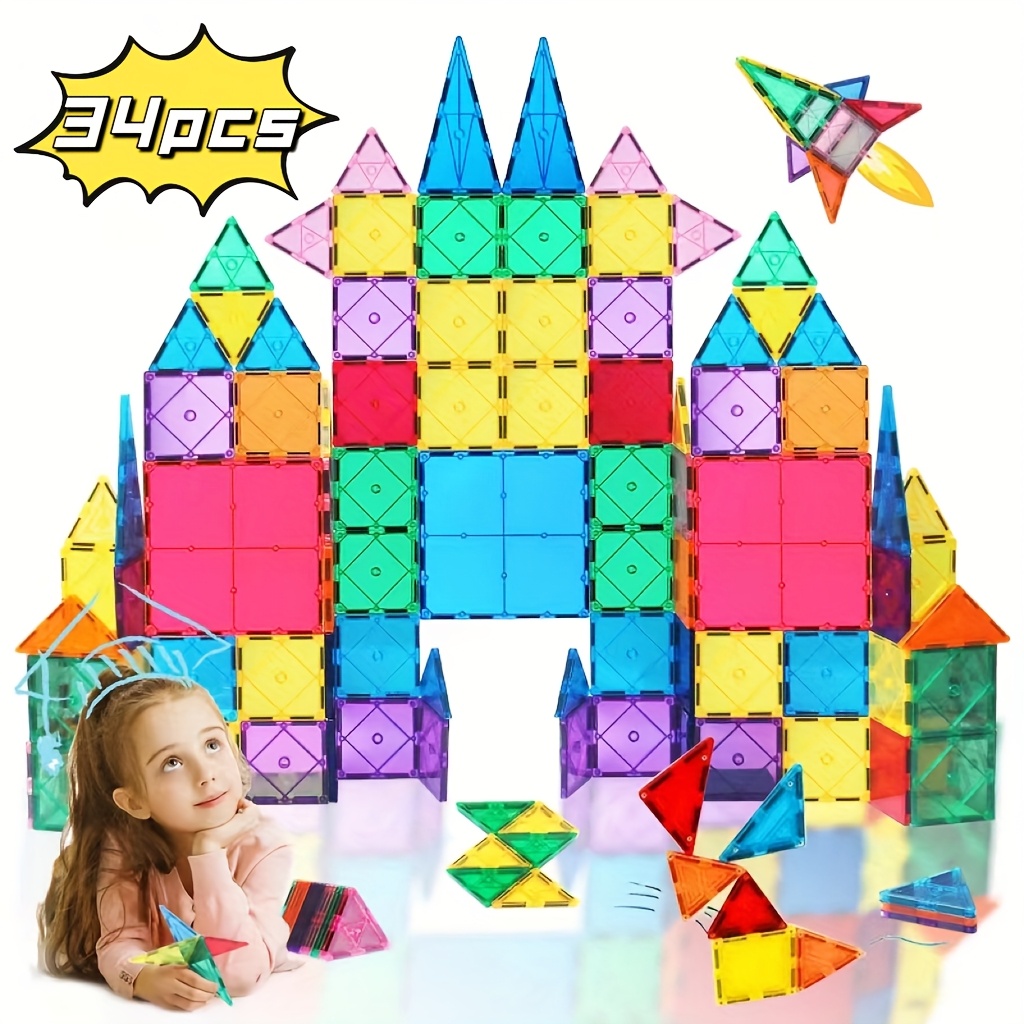 

34pcs Magnetic Tile, Magnetic Building Set For 3-5 4-8 Year Old Kids, Stem Magnet Toy Magnet Preschool Building Learning Toys For 3 4 + Year Old