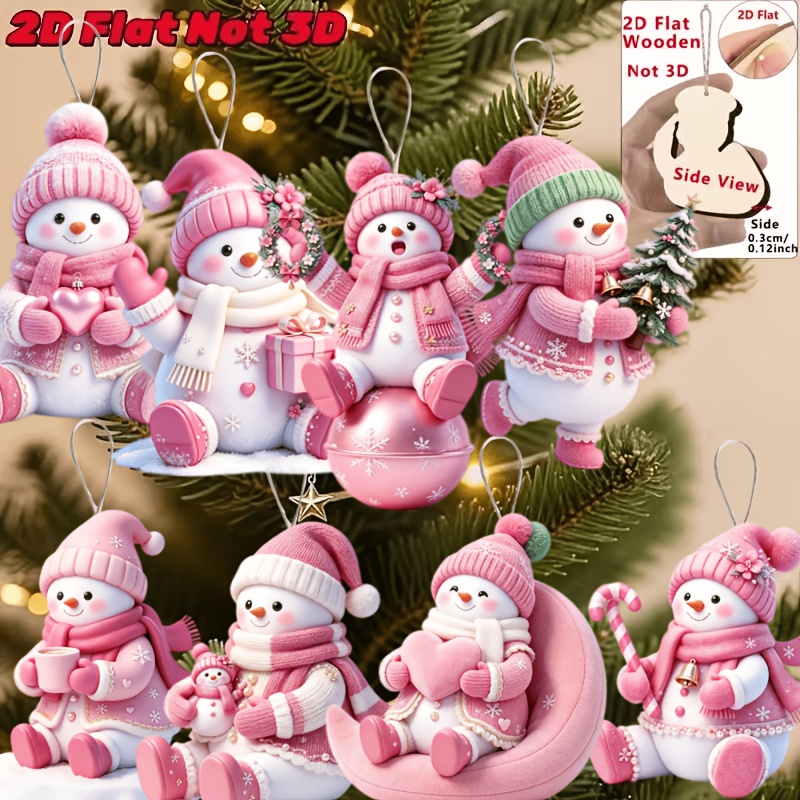 TEMU 8pcs 2D Plat, 8pcs Noël de Neige Motif de Thème de Noël Ornements , Ensemble de Décoration Suspendue en Bois Fait Main - Décoration de Cadeau