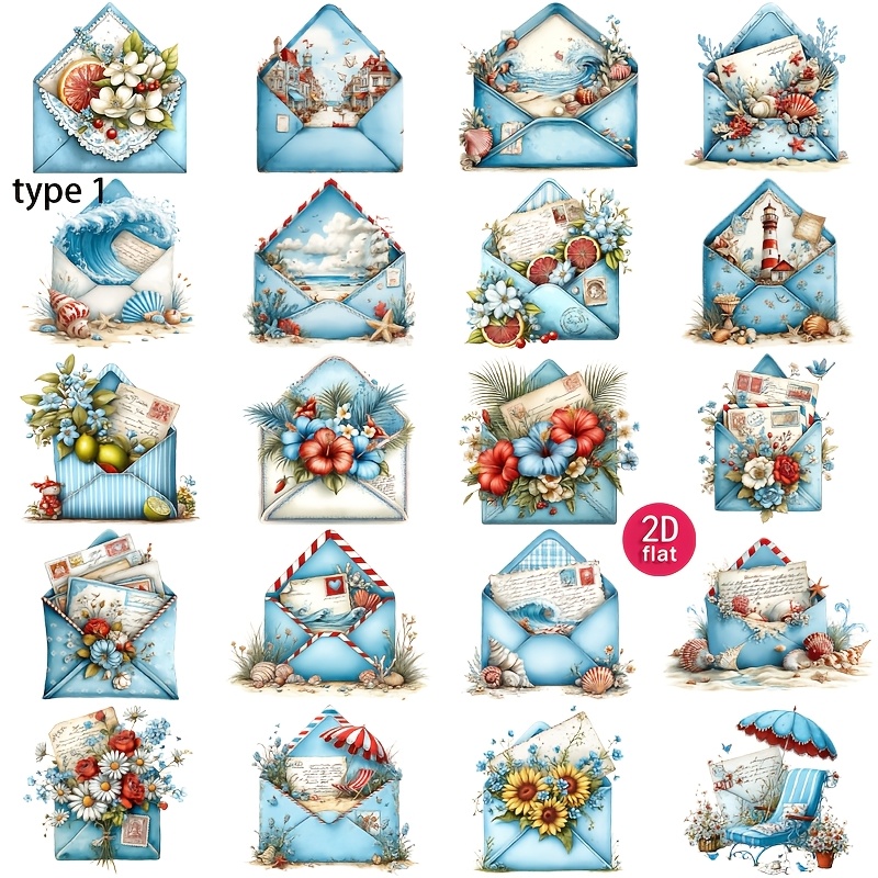 E-shop Eine Packung blau-ockerfarbene "Ocean" Umschlagsticker, 2D flache kreative Bastelsticker für Scrapbooking, Journale, Notizbücher, Fotoalben,
