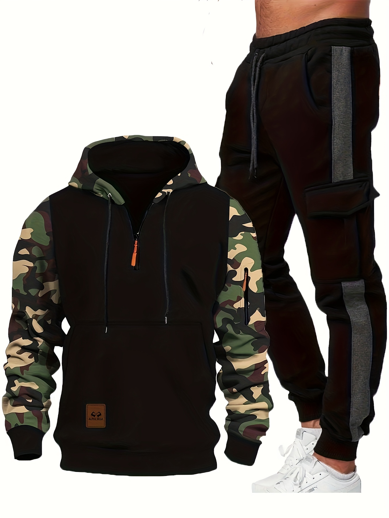 Men s casual polyester fiber hooded sports suit,   design, long sleeved pullover and sweatpants, slightly stretchy knit fabric, with pockets, suitable for daily wear, spring and autumn winter - suitable for adult men and women