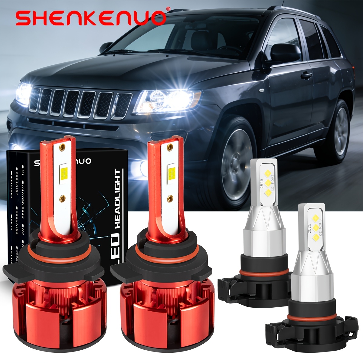 TEMU For Cherokee 2014-2015 Led Headlight High Low Beam Fog Light Bulbs Combo, 4pcs 6000k 36000lm 500% Brightness Super Car Accessories Plug And Play