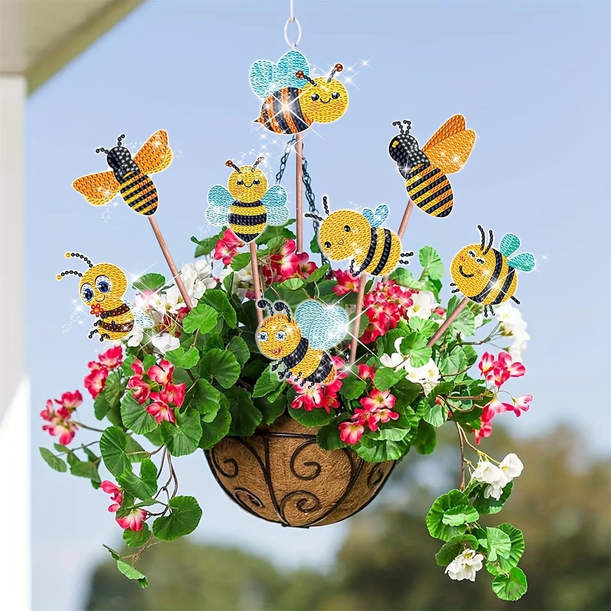 

Bee-themed Diamond Art Kit - 8pc Diy Garden Decor Set With Round Acrylic Diamonds, Flower Arrangement & Bee Stakes For Outdoor Parties