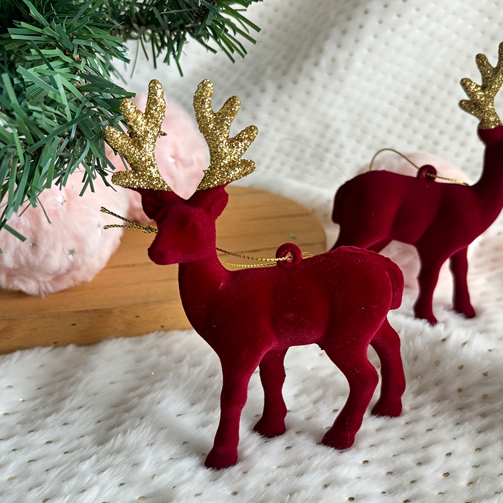 TEMU Set Of 2 Christmas Elk Hanging Pendants, Elegant Wine-red Deer Pendants, Christmas Tree Decorations, High-end Flocked Small-sized Deer Pendants,