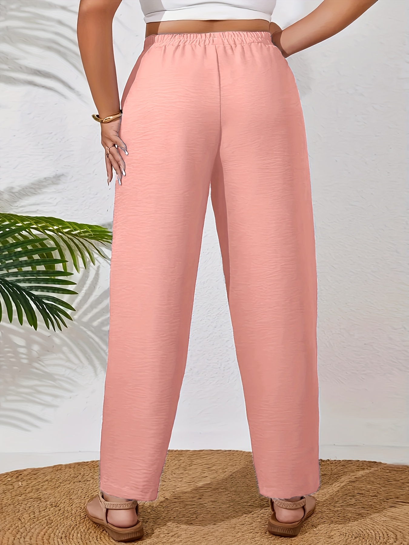 Plus Size - Women'S Plus Size Elegant Solid Color Wide-Leg Pants - Non-Stretch Fabric, All-Season Casual Trousers with Pockets, Brown, Comfortable Footwear, Stylish Accessory, Durable Fabric