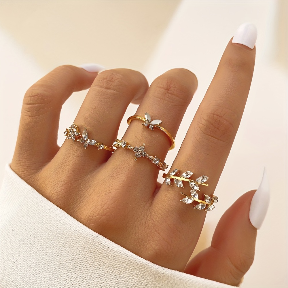 

4 Pcs/set Elegant Adjustable Butterfly & Wheat Stalk Rings, Stackable Open Rings For Women, Fashion Jewelry Accessory