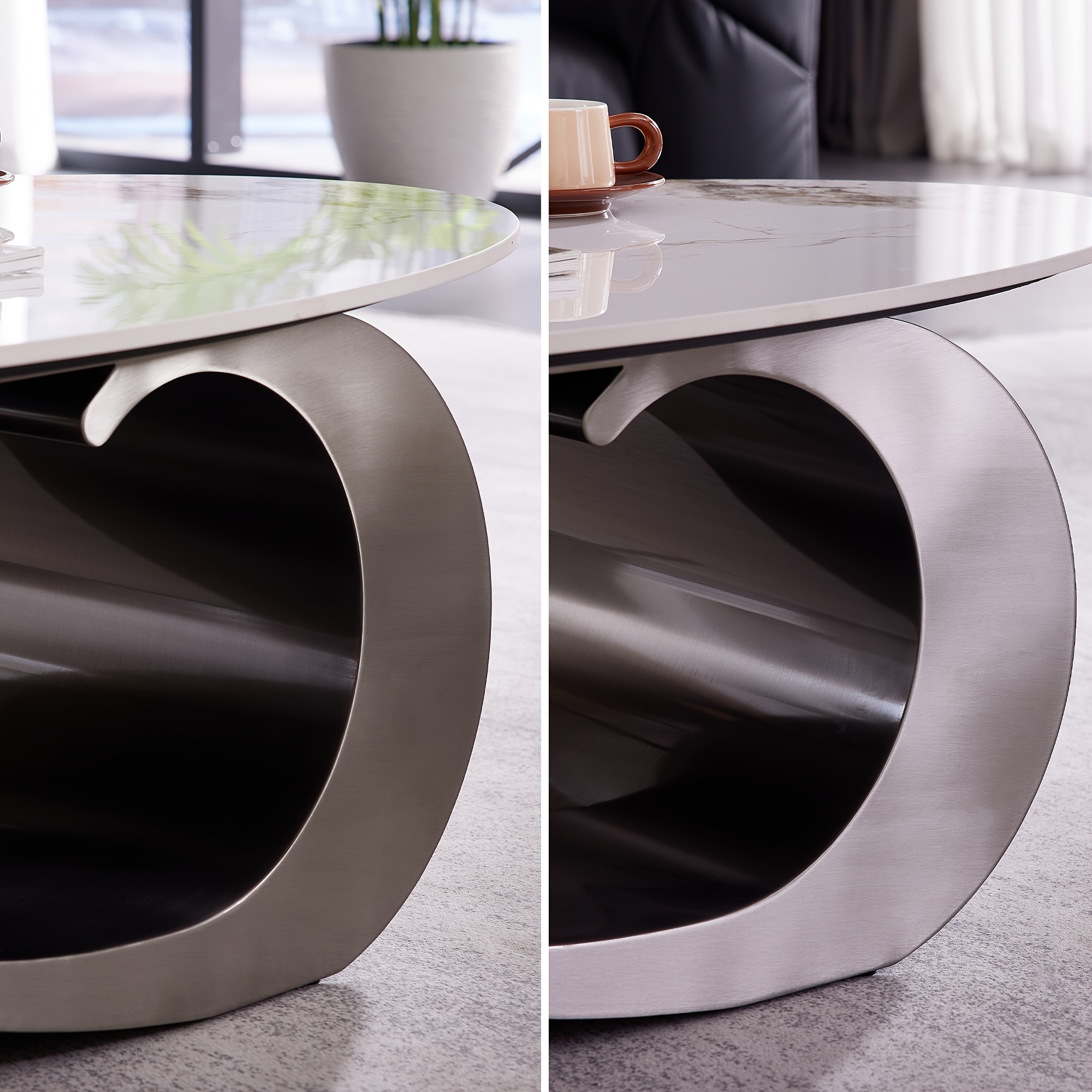 Modern Die-Cast Stone Coffee Table with Stainless Steel Base, an Elegant And Durable Centerpiece for Living Rooms. Easy to Assemble And Clean. Curved Design for Knock Prevention, Suitable for Living Rooms And Offices.