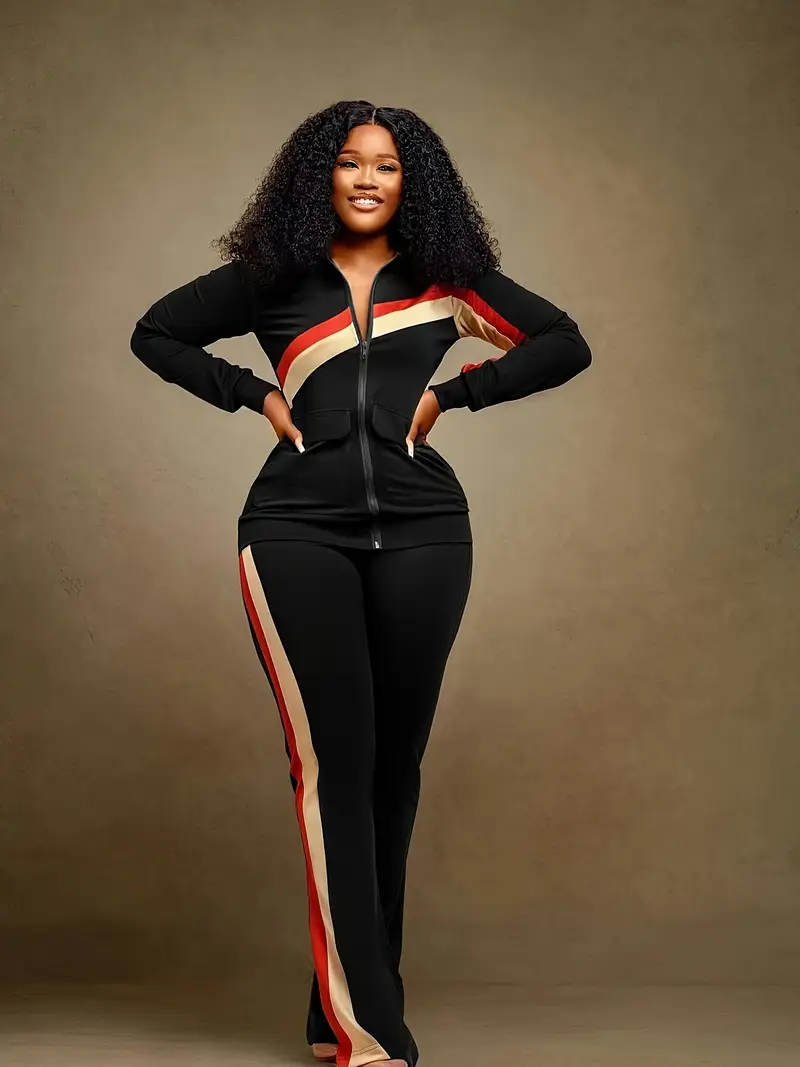 striped pocket pantsuit zipper front long sleeve top waist slim pants outfit for womens clothing details 3