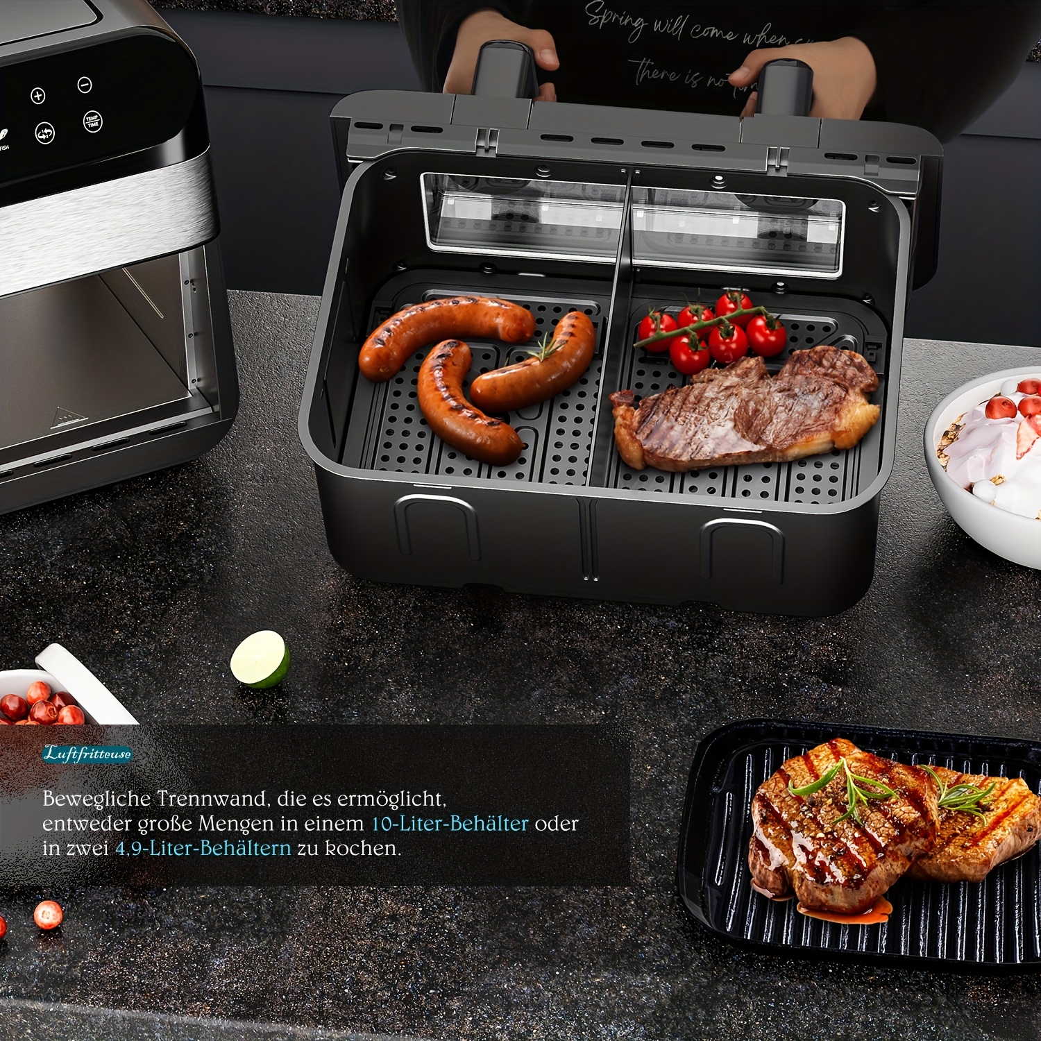 10L Dubbele Deur Airfryer met Gesplitste Kookfunctie 5L + 5L, 2400W, 8 Instellingen, 80-200°C, Hittebestendige ABS Behuizing, Roestvrijstalen Voorzijde, Kleurechtaneel, Zichtbaar Ontwerp Zwart