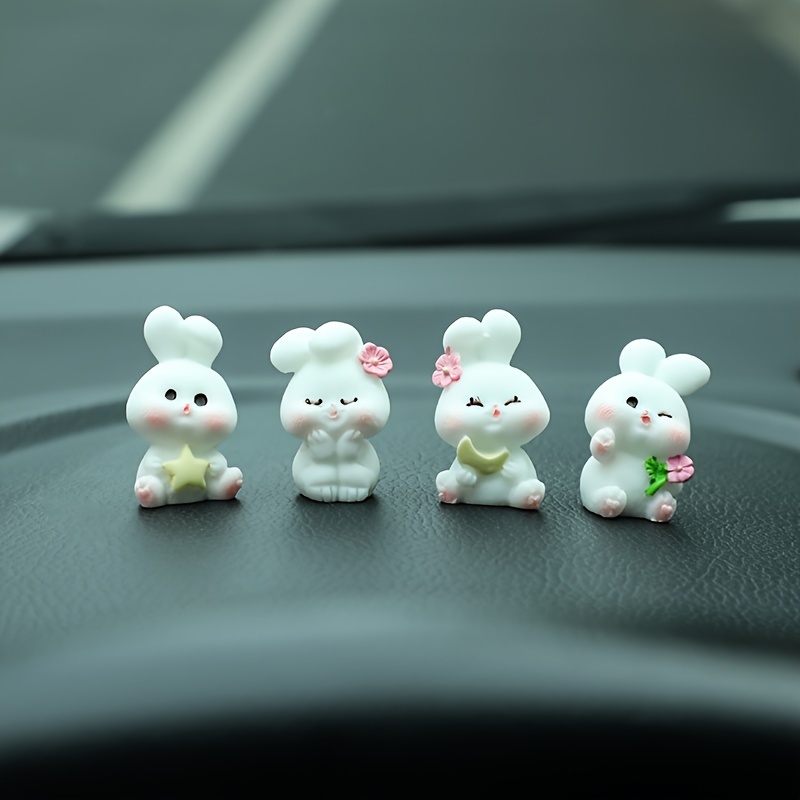 

Set Of 4 Cute Bunny Rabbit Dashboard Ornaments - Resin Miniature Animal Figurines With Adhesive For Easy Placement - Charming Car Interior Decor Accessories