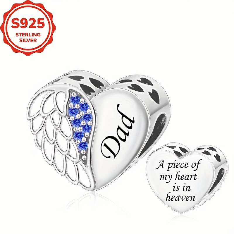TEMU 1pc 925 Sterling Silvery Heart-shaped Wing Feather Family Name Bead Suitable For Jewelry Making Bracelet Or Necklace As Daily Wear Or Holiday
