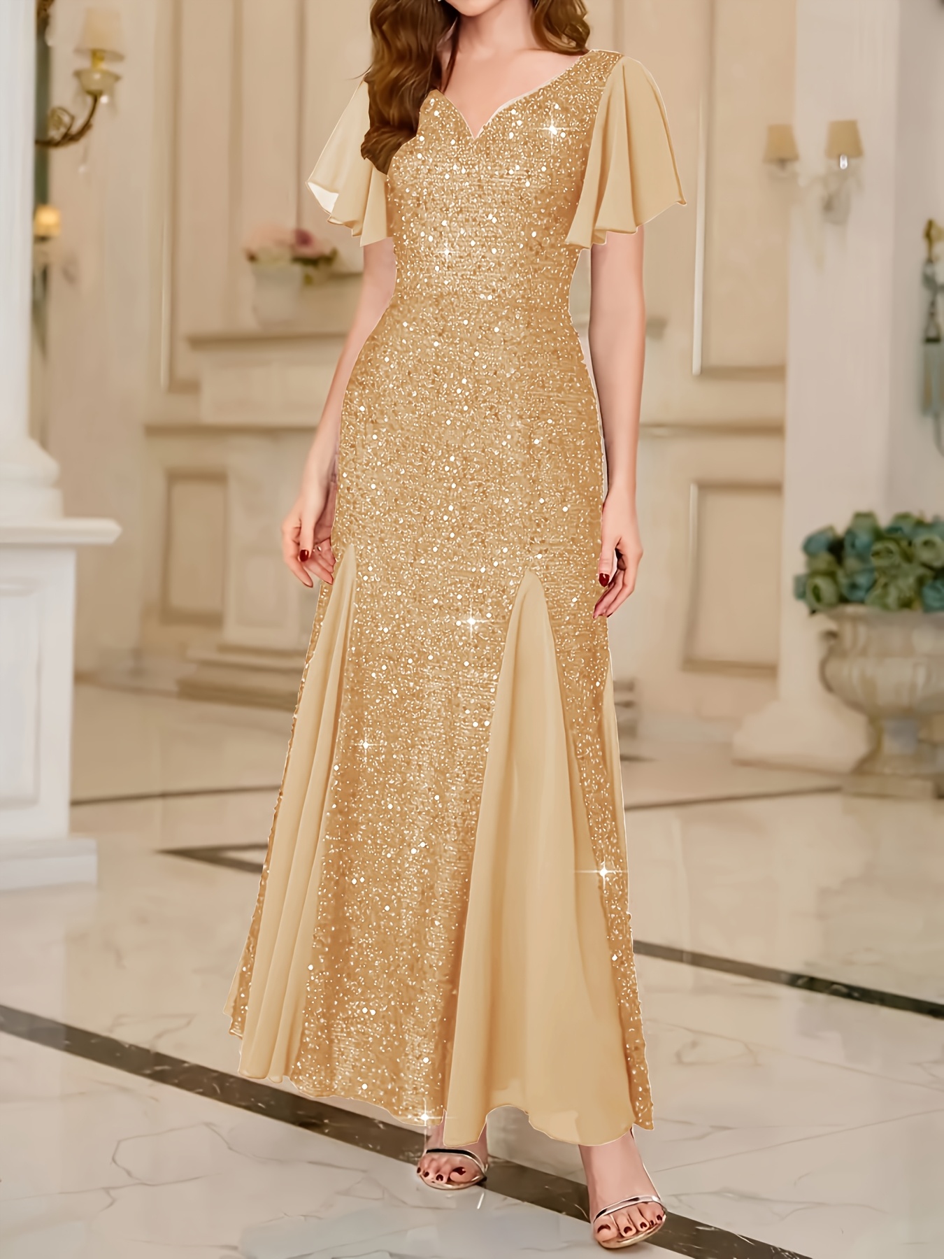slim fit dress slacks Long Gold Sparkly One Shoulder Slit Dress – Lisposa main image 1