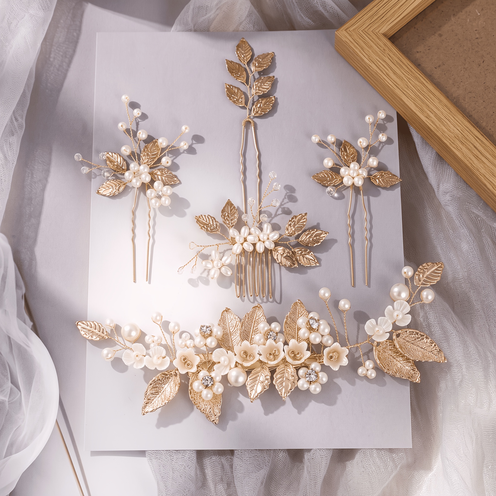 TEMU 5pcs Fashion Floral Leaf Bead Hair Clip Comb Set, Vintage Banquet Hair Additions
