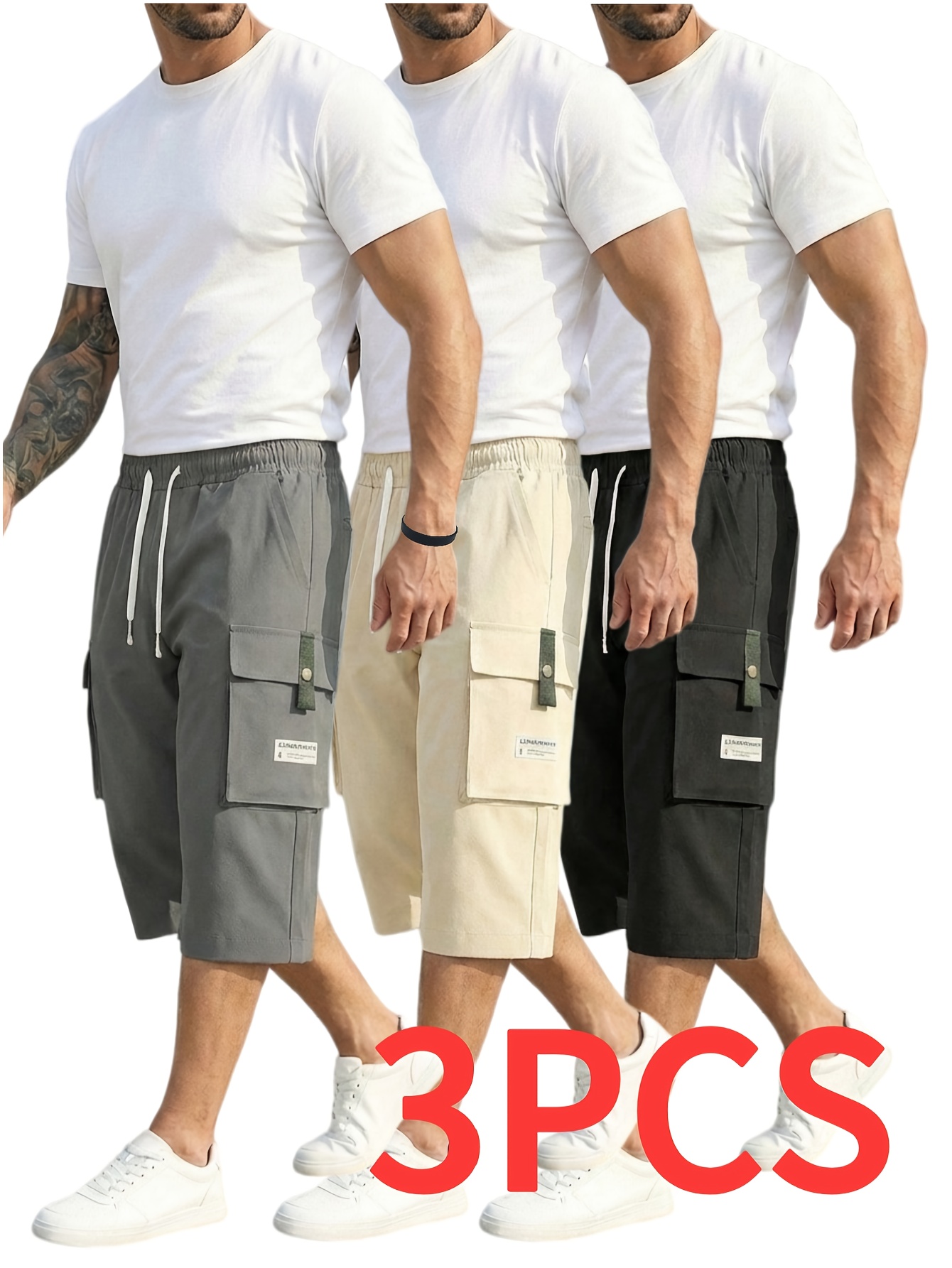 3 pc mens cargo shorts   fabric with multiple pockets adjustable waist 3 4 length   wristband suitable for outdoor travel sports casual wear   in black grey khaki