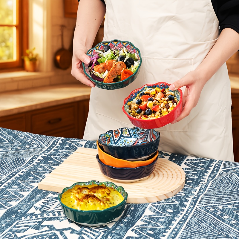 TEMU 6pcs Bohemian Ceramic Salad Bowl Salad & Pasta &soup. Dishwasher & Microwave & Oven Safe. Healthy Porcelain Tableware For Home Kitchen Use. Elegant Gift For Valentines & Wedding Plates