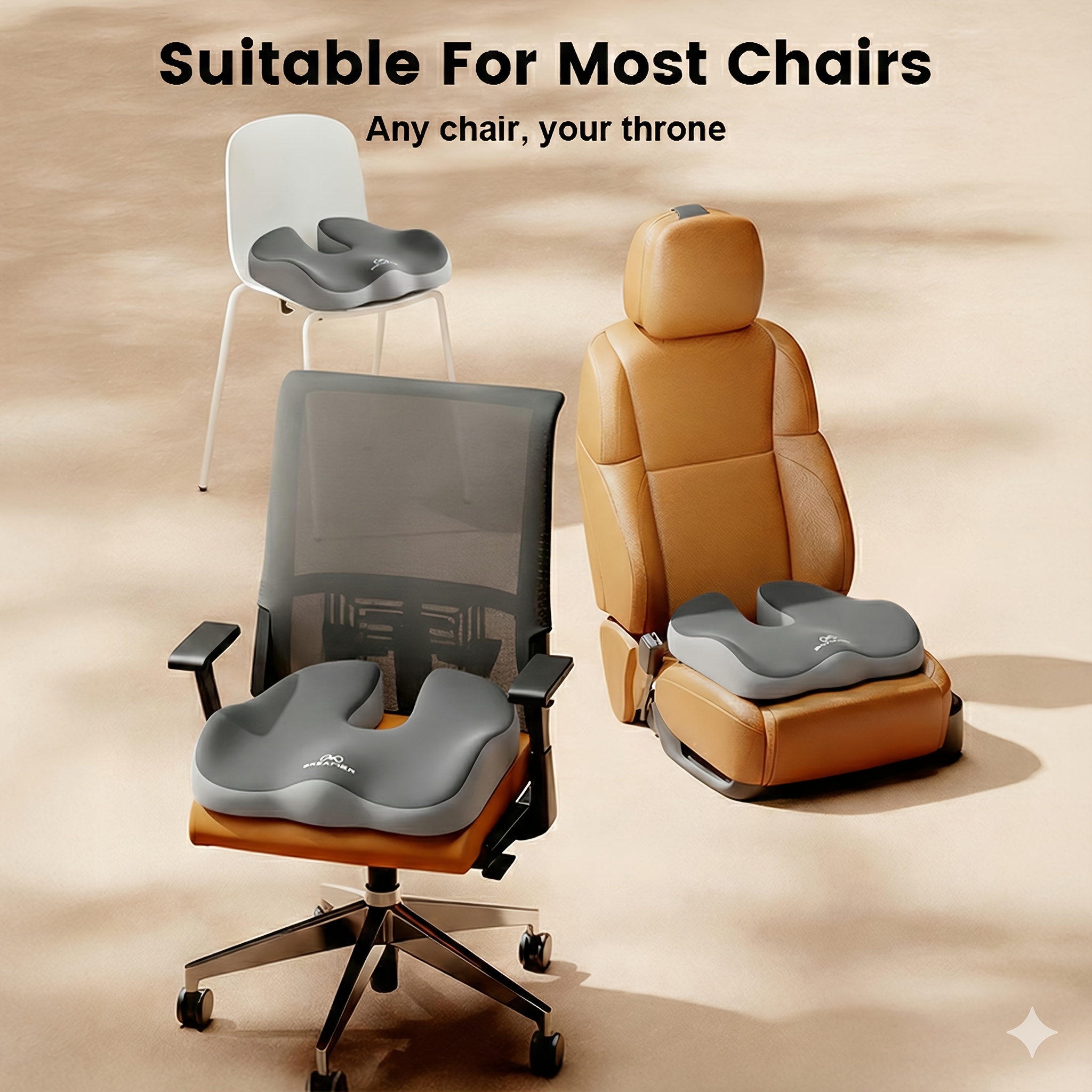 Ergonomic Memory Foam Seat Cushion and Lumbar Support Pillow Set | Slow Rebound, Medium Soft Firmness, Suitable for Office Chairs, Cars, Wheelchairs |, Grey, Polyester, ELHIVE