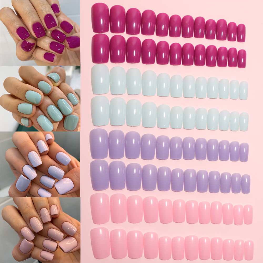 

96pcs Medium Square Press-on Nails Set In Mixed Green And Purple, Solid Color Fake Nails With Adhesive Labels And Nail File For Women And Girls - Perfect New Year Gift