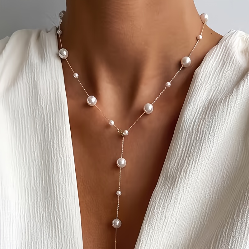 A Stylish And Elegant Stainless Steel Y-shaped Necklace With Pearls, Casual Wear