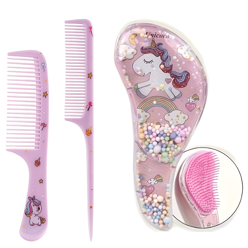 TEMU 3pcs Cartoon Hairbrush Set - Wet And Dry Dual Use, Suitable For All Hair Types, Durable Abs Plastic Handle, Travel Essential Comb, Perfect Gift