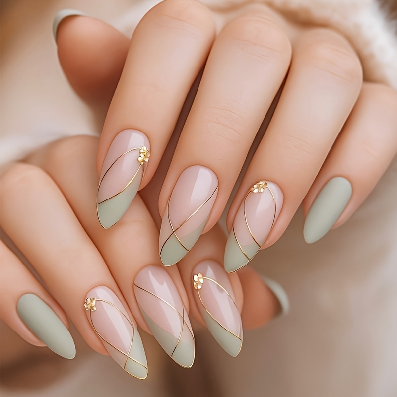 TEMU 24 uñas postizas Y2K almendradas, acrílicas, superficie media, brillantes, color -verde, uñas , reutilizables, cobertura total con línea cromada