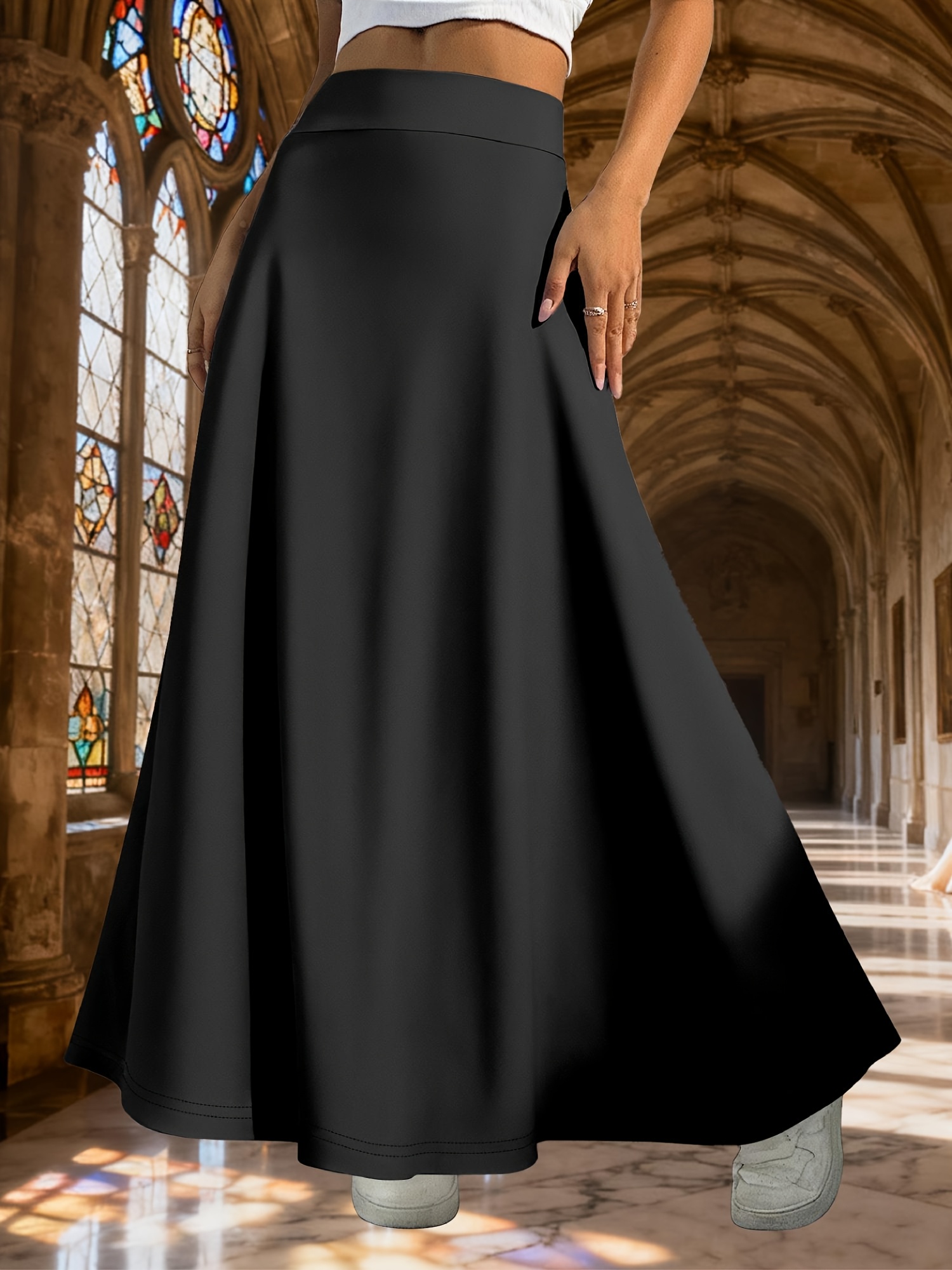   for high waist stretch flared skirt fiber fabric   flowy maxi hem and versatile casual commuter fashion long skirt