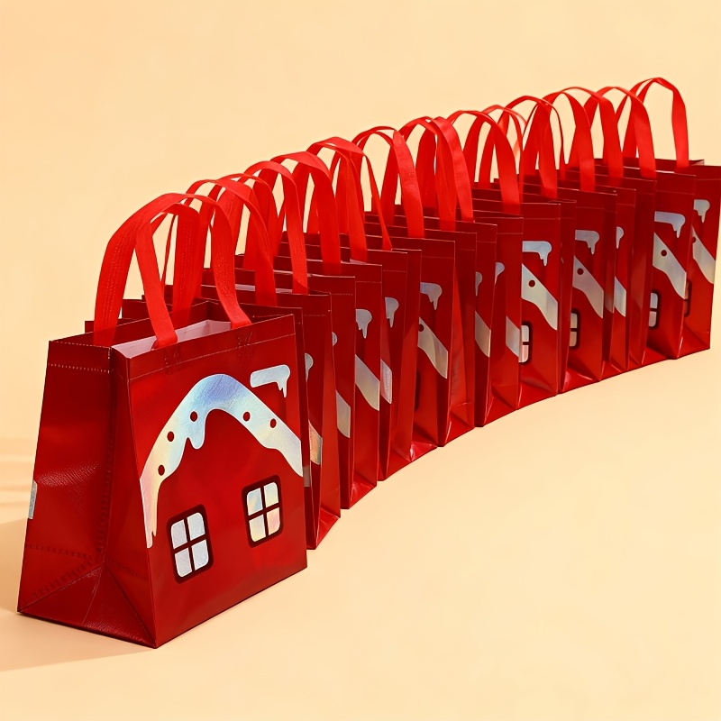 TEMU 10-pack Christmas Santa Gift Bags With Handles, Non-woven Reusable Square Storage Tote Bags For Party Favors, Candy Treats, Holiday Decor,