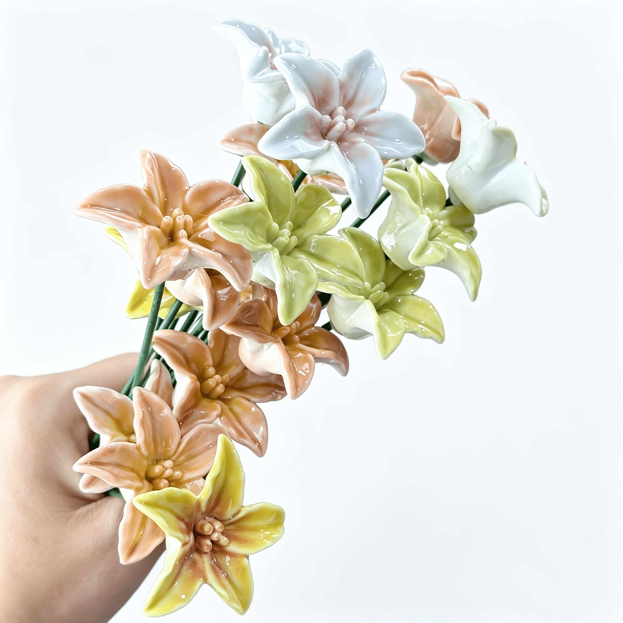 TEMU 5pcs Set Of Handmade Ceramic Lily-shaped Feeders With Bees And Butterflies, Random Colors, Lily-shaped Pollination Water Bowls, Outdoor Garden
