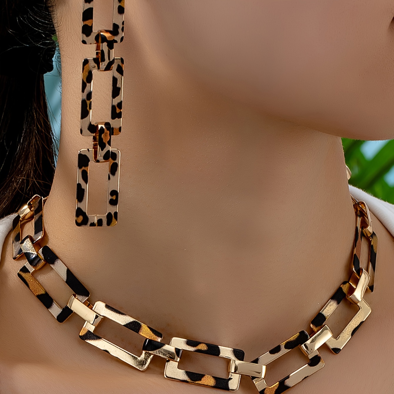 

Geometric Leopard Print Hollow Square Chain Necklace And Dangle Earrings Set, Sexy Bold Statement Jewelry Set For Women