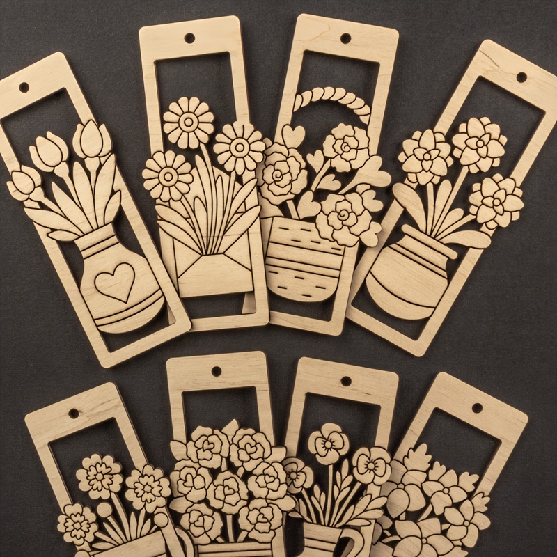 TEMU A Set Of 8 Unfinished Wooden Bookmarks, A Blank Rectangular Label With Laser-cut Plant Theme Wooden Pendant, And Perforated Wooden Bookmarks