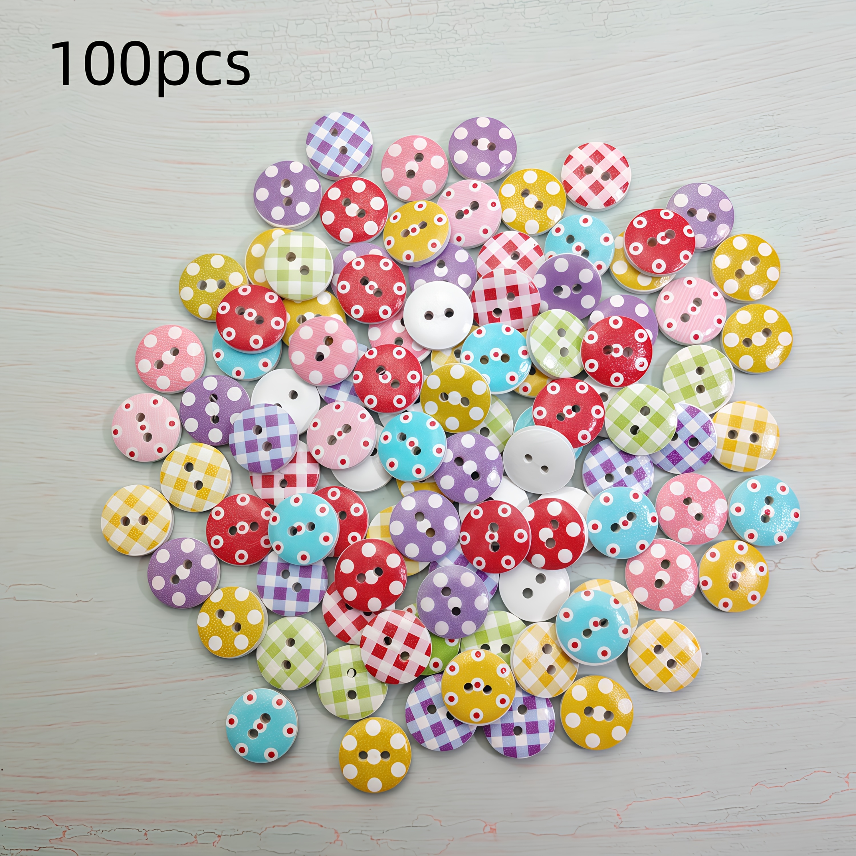 TEMU 100pcs Of Vintage White Background Painted Wooden Buttons, Decorative Printed Buttons With Checkered And Polka , Handcrafted Wooden Buttons For
