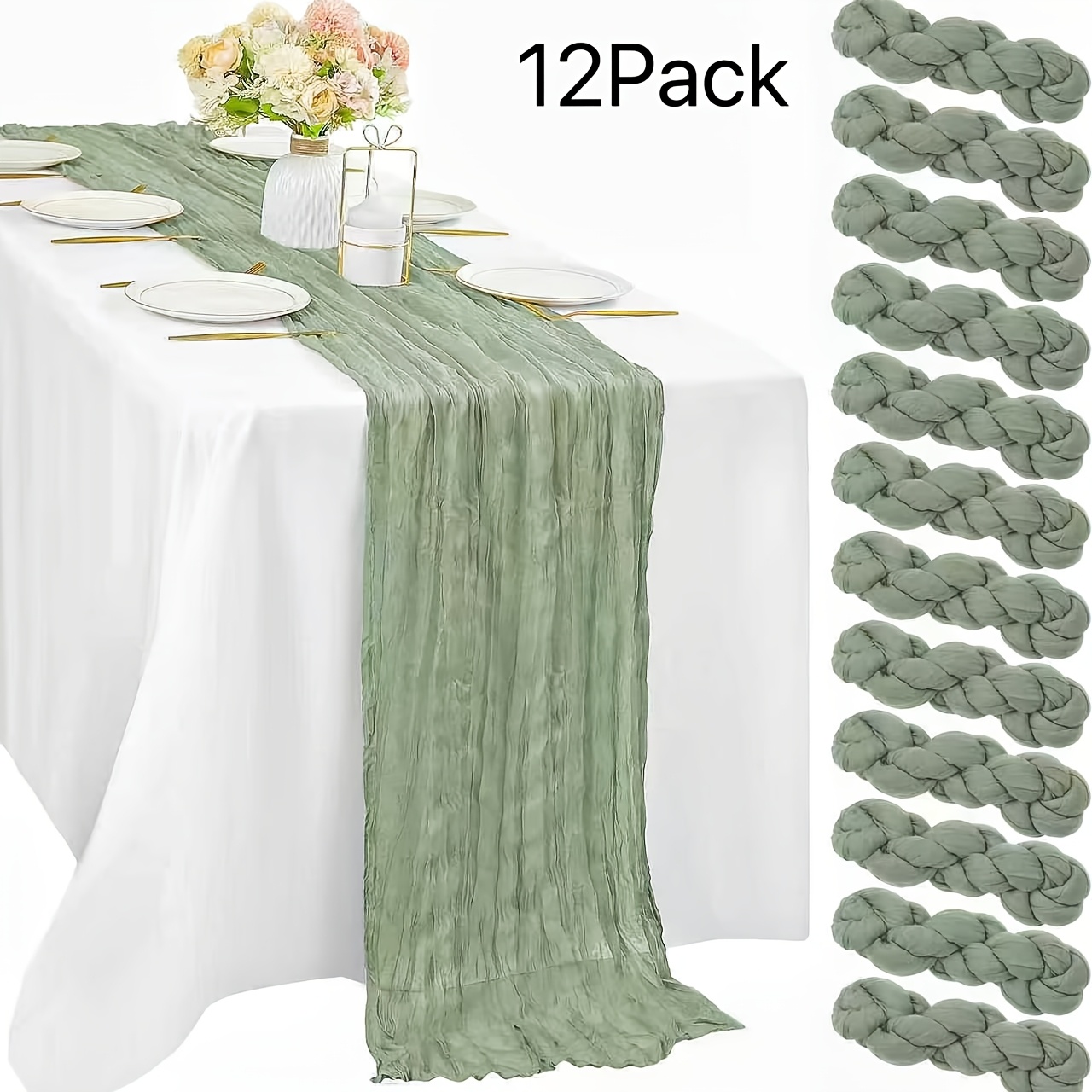 E-shop 12 Stück Salbeigrüne Jute-Tischläufer, Eleganter Boho-Stil, Landhaus-Gaze-Käsetuch, Hochzeits- Party-Dekoration für Esszimmer
