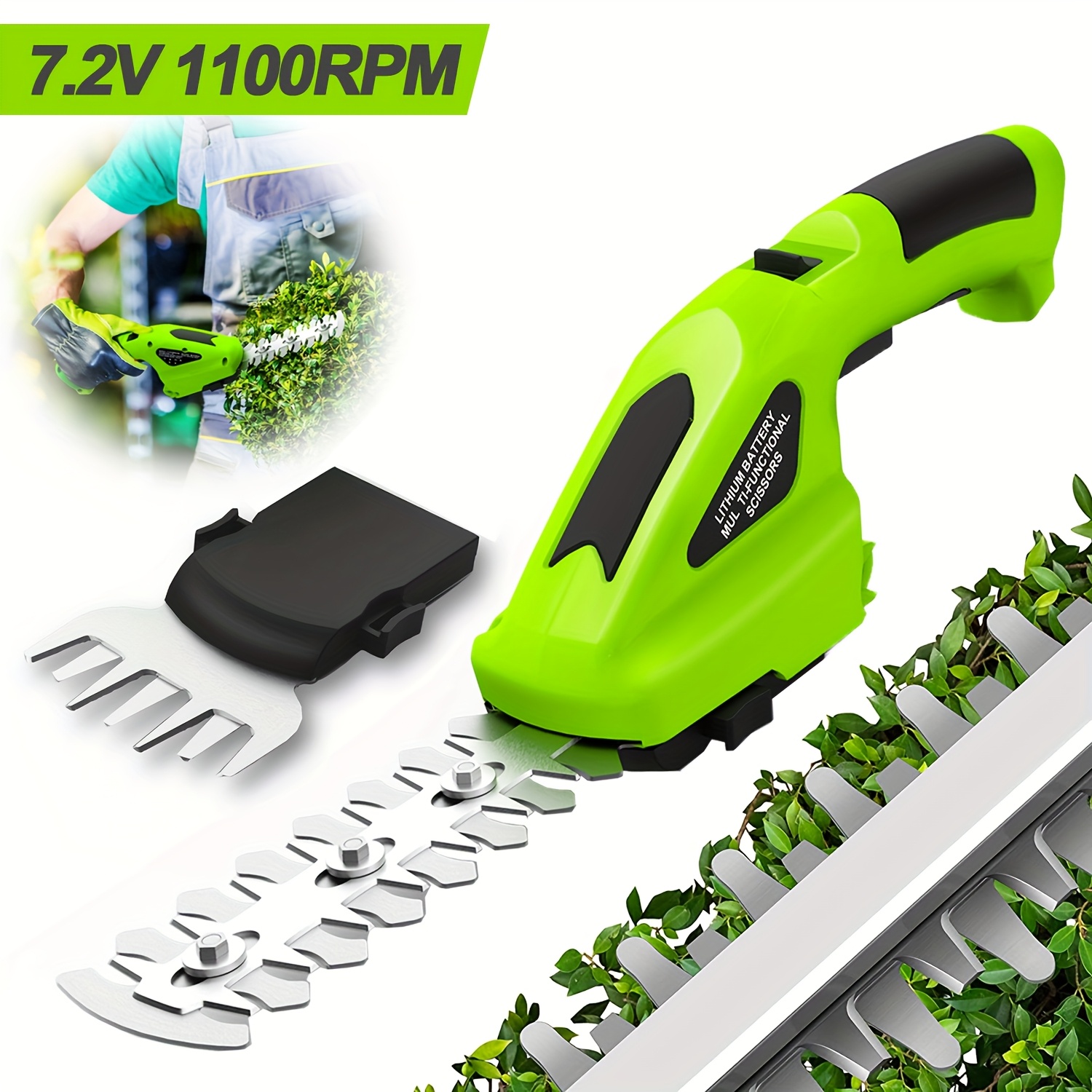 2-in-1 cordless electric hedge trimmer & grass shears, 7.2v handheld lawn mower with 2000mah rechargeable battery, for garden, lawn, and shrub care details 1