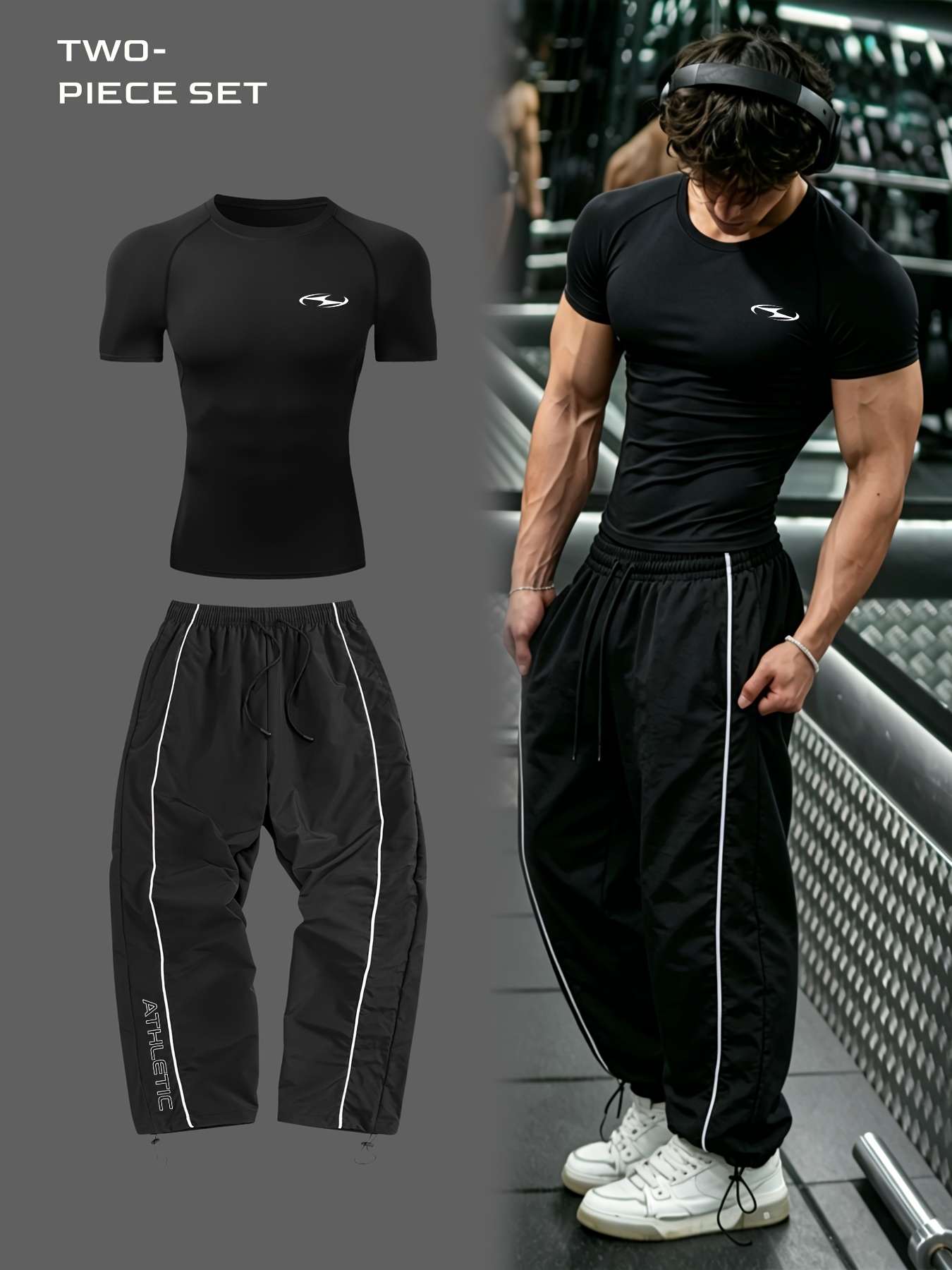 estilo   atlético minimalista, estampado   pequeña en las perneras del pantalón, conjunto de 2 piezas, top y pantalones, top ajustado de manga corta transpirable y pantalones largos casuales de   holgados, dobladillo ajustable,   para deportes, actividades al aire libre y ocio