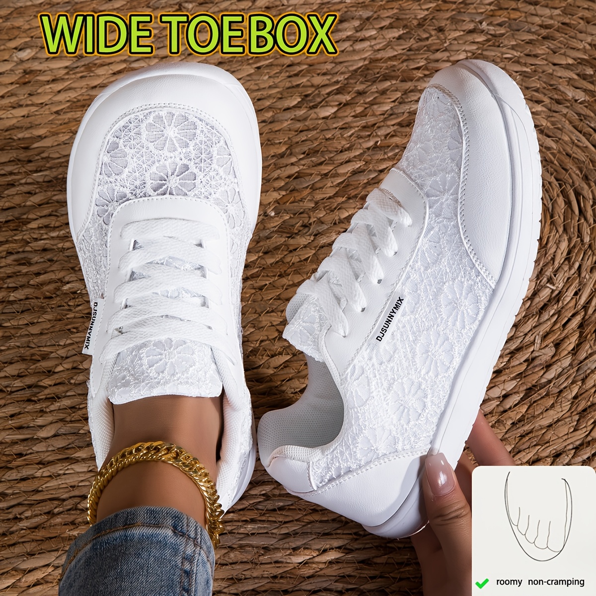 TEMU Djsunnymix Women's Wide Width & Xl Sneakers - Low-top Breathable Skate Shoes With Cushioned Sole, Wide Toe Box & Lace-up Closure, Light-colored