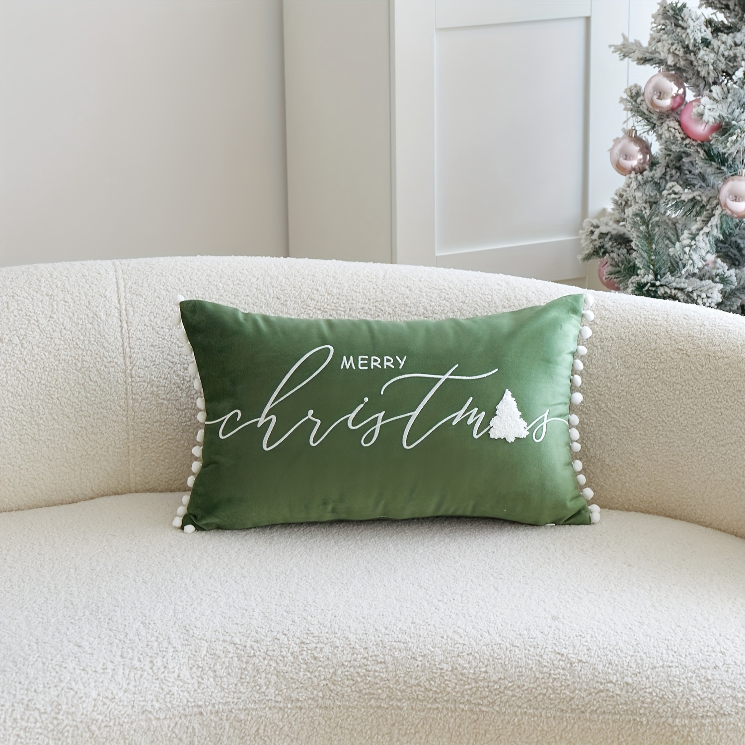 Image of 1pc, Christmas Velvet Pillowcase, Christmas Tree Letters Pillowcase, Single Side Embroidery, Suitable For Sofa, Living Room, Bedroom Home Decoration
