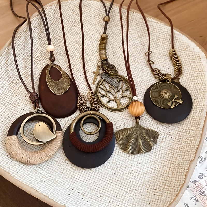 TEMU 6pcs Bohemian Vintage Style Oval Pendant Necklace Set, A Fashionable And Versatile Neck Chain, A Light Luxury High-end Sweater Chain, Suitable