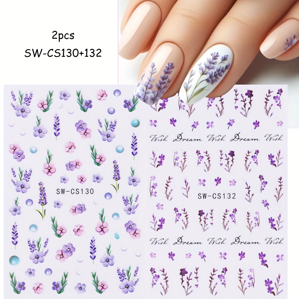 2pcs Purple Lavender Blooming 3d Nail Stickers Spring Summer Floral Nail Art Decals Adhesive Nail Diy Designs Supplies