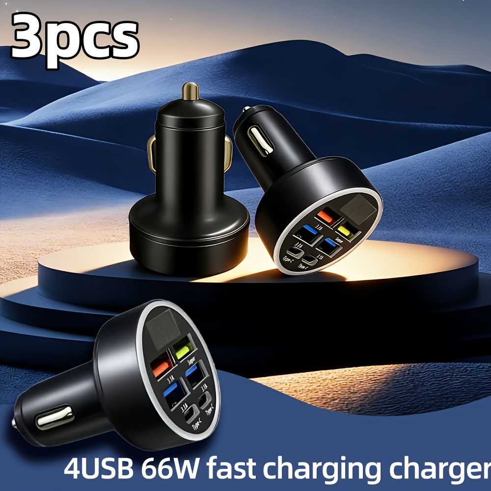 TEMU 3pcs 6-in-1 Car Fast Charger, 4 Usb Ports + 2 Type-c Ports, 66w Fast Charging With Voltage Monitoring For Car Fast Charging; Dual Pd3.0 Fast