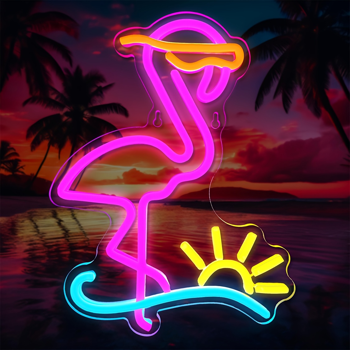 TEMU Dimmable Flamingo Neon Sign With Sun - Rgb Pink & Led Wall Light, Usb-powered Wall-mounted Modern Tropical Decor For Bedroom, Living Room, For
