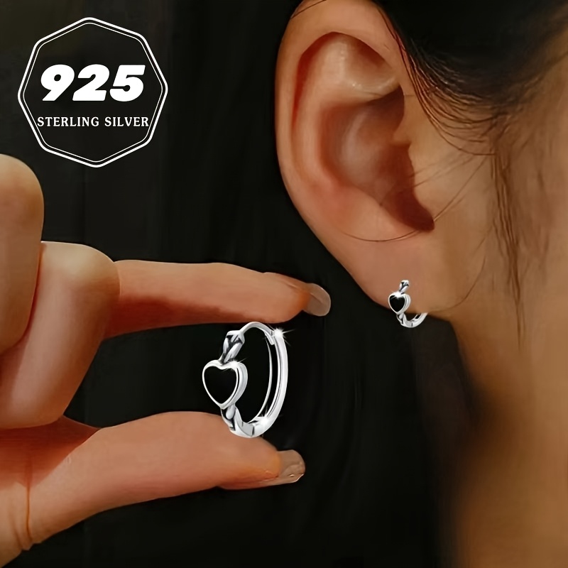 

S925 Silvery Hypoallergenic Hoop Earrings, Black Heart Shape Design, Elegant , Suitable For Party Earrings - Wedding Accessories Halloween & Thanksgiving & Christmas 1.9g/0.067oz