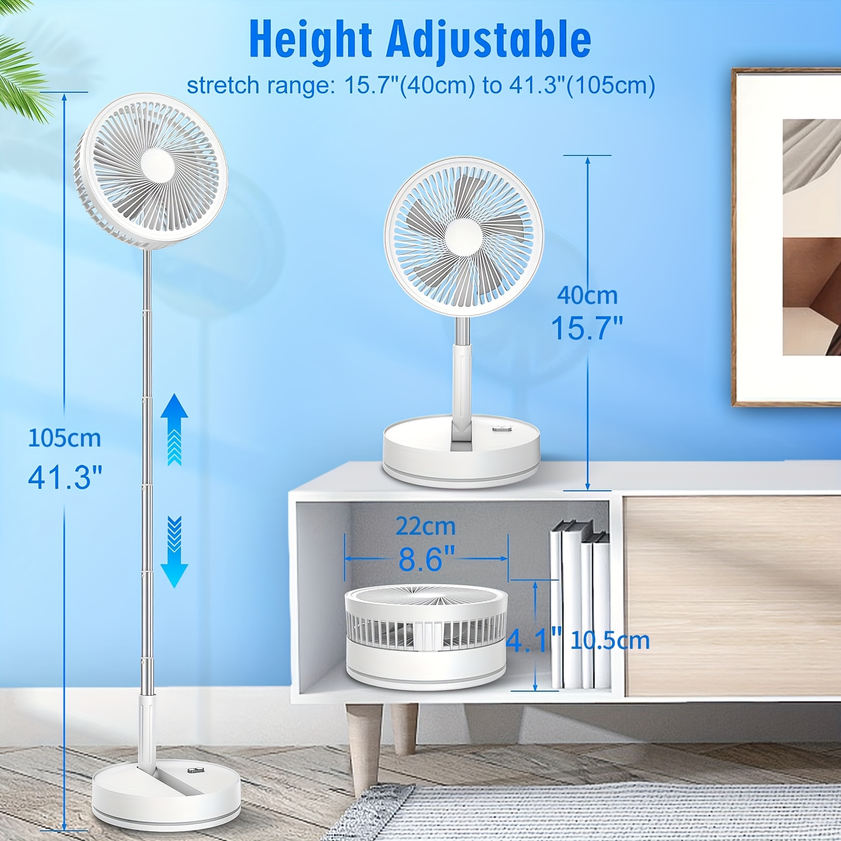 Foldable Standing Fan | Adjustable Height | Portable & Quiet | Detachable | 3 Wind Speeds | 8000mAh Battery | 1.5m Cable | Remote Control | Indoor & Outdoor Use
