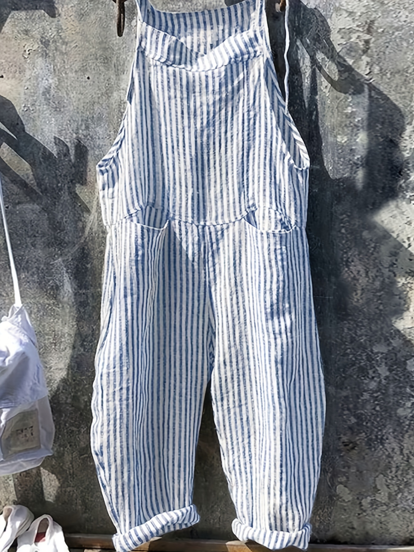 loose leg womens striped sleeveless overalls front middle double pockets   spring and summer casual wear