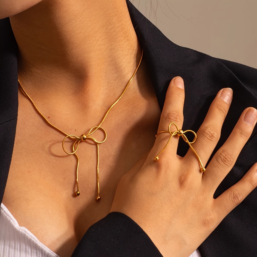 Minimalist Titanium Bow Ring Bangle - Golden Tone