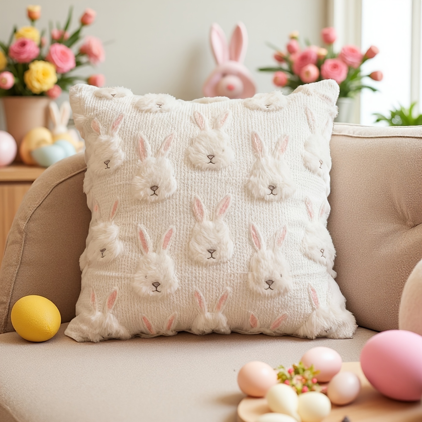 1pc Of Easter Pillowcase, 18x18 20x20 16x16 12x20 Inches, Fluffy Artificial Decorative Pillowcase, Country Style Sofa Cushion Cover, Suitable Home Decoration Item
