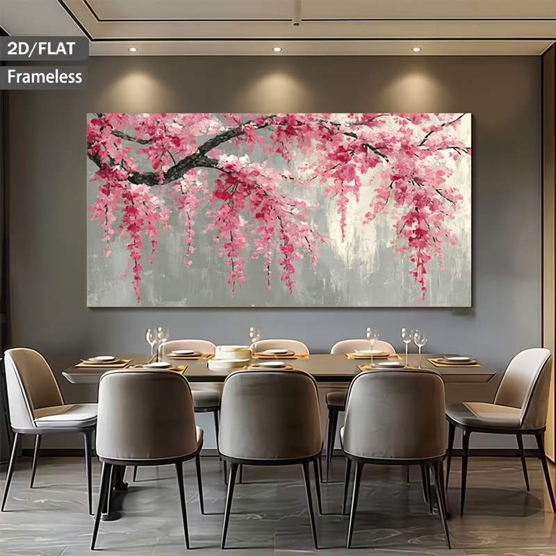 TEMU 2d Flat, 1pc Modern Minimalist Pink Cherry Tree Branch Poster - Frameless Canvas Wall Art Suitable For Living Room, Bedroom, Kitchen Decor,