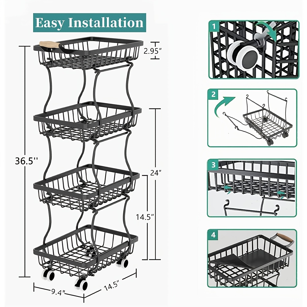 TEMU 4/5 Layer Fruit And Vegetable Basket, Stackable Metal Storage Cart (with Wheels), Rotating Storage Rack, Narrow Cart, Corner Rack, Open Shelf |