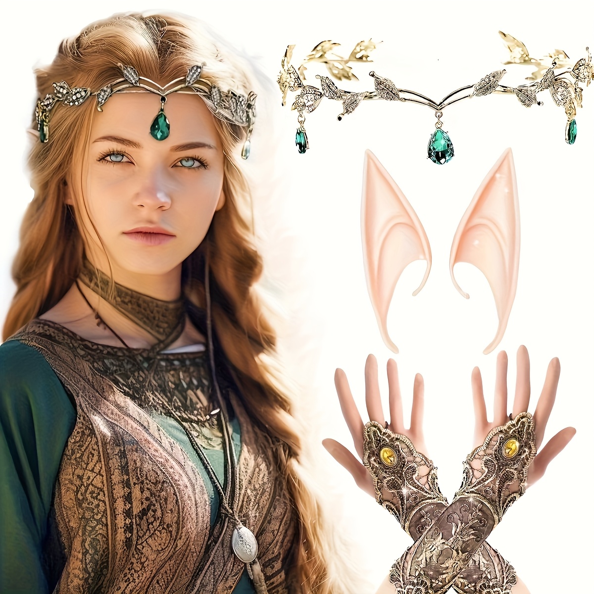 TEMU A Set Of 3 Baroque-style Green Crown For Fairy Outfits, Complete With Lace-trimmed Gloves And For Fairy Ears, With Sparkling Additions, Perfect