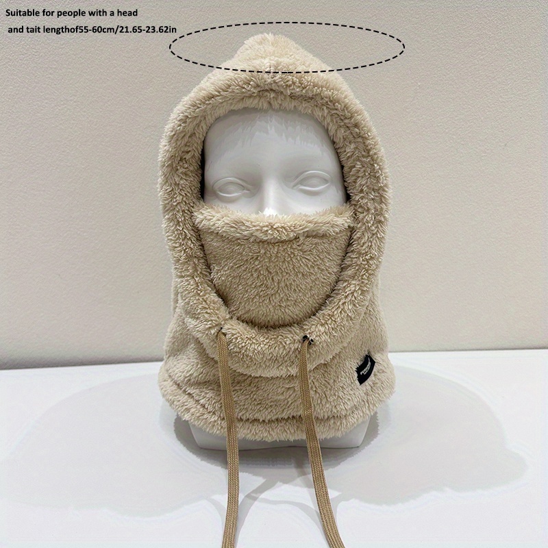 Women's Plush Winter Mask Hat & Scarf - One-Piece Face Cover with Adjustable Drawstring, Elastic Face for Skiing, Cycling, Outdoor Sports - Lightweight Warm Beige/White Hooded Neck Warmer (Hand Wash Only)