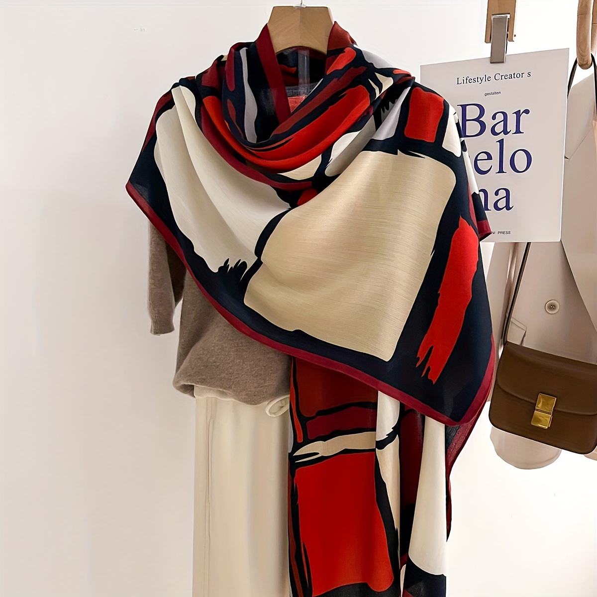 TEMU Chic Color Block Scarf For Women - Soft Polyester, Vintage Style, Warm & Breathable Shawl For Autumn/winter