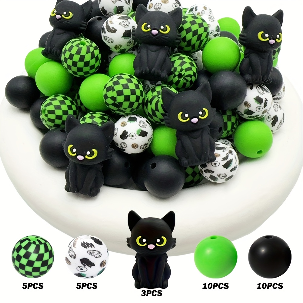 TEMU 33pcs Black Cat-shaped And -print Silicone Beads (green And Black) Halloween-themed Round Beads For Jewelry Making And Crafting, Suitable For